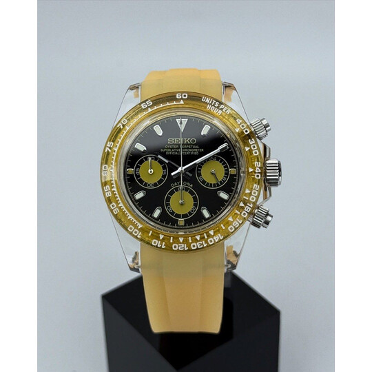 Custom Seiko Mod • Black Yellow Clear Plastic Daytona • 39mm